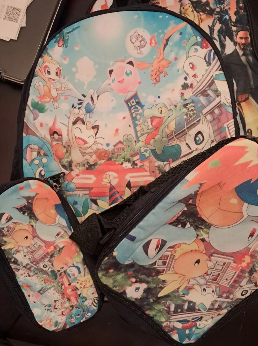 Kids Three Piece Bookbag with Colorful Cartoon Characters - Blue/Orange